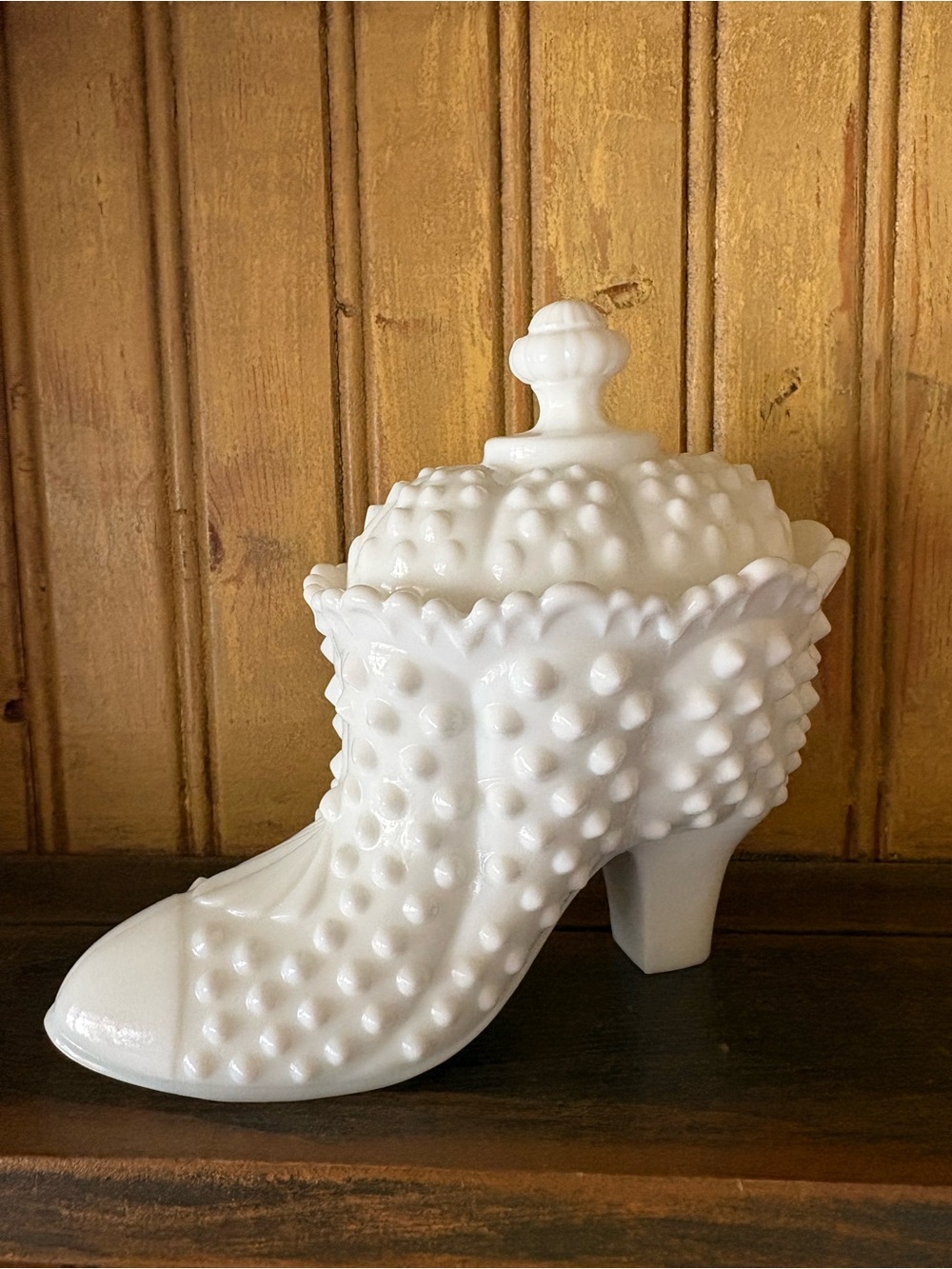 Vintage Fenton Milk Glass Hobnail Covered Shoe Candy Dish Lidded Boot